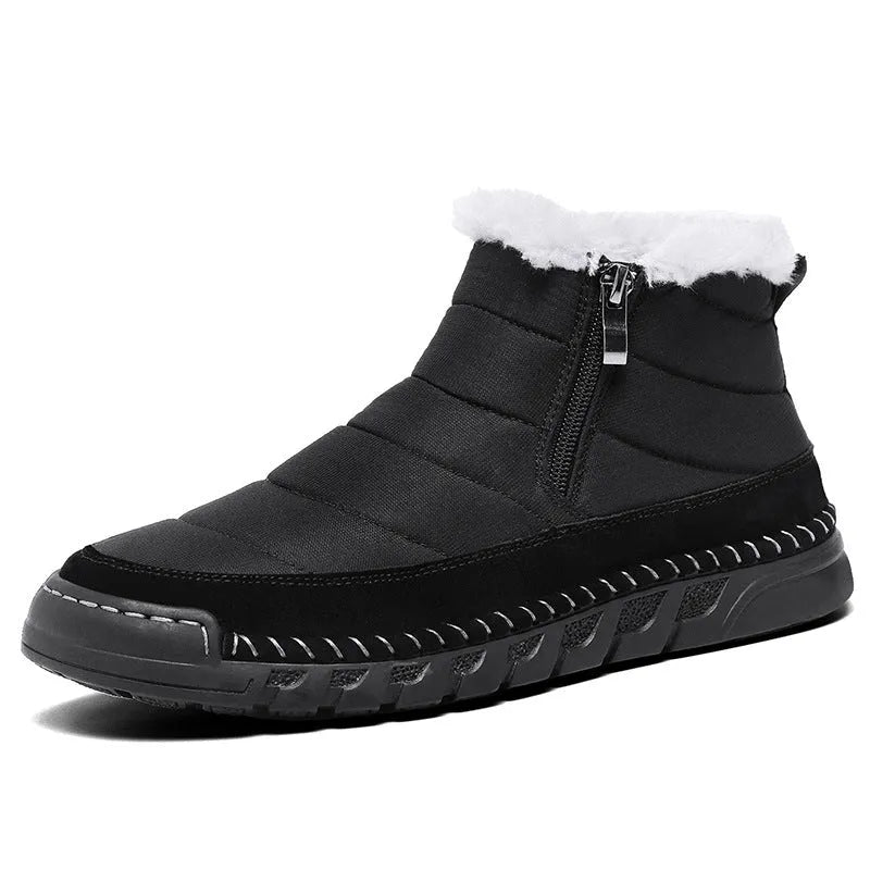 Men's plus size snow boot in blue with round toe and flat heel on a non-slip rubber sole.