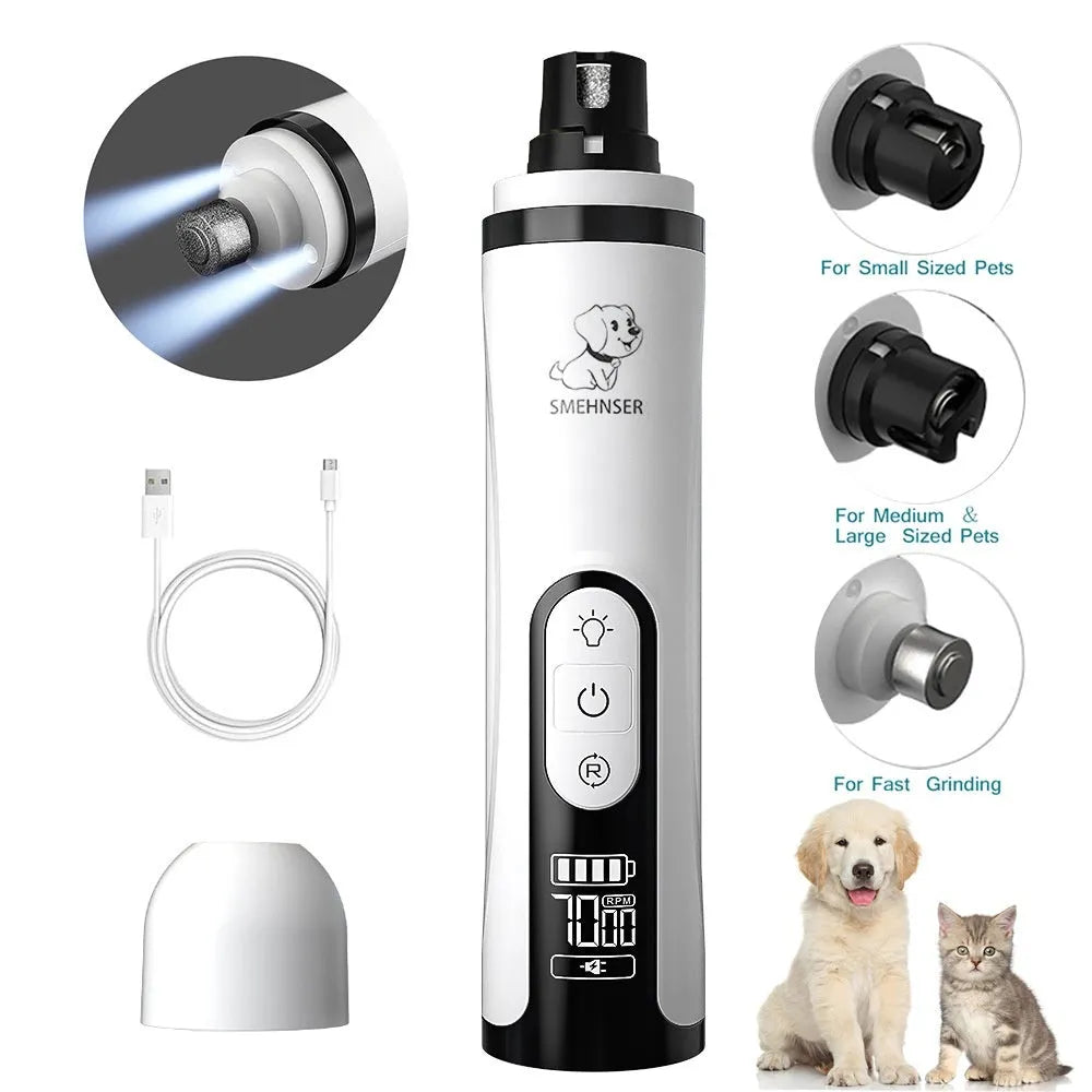 White electric dog nail trimmer with LED display showing speed settings and dust collection compartment