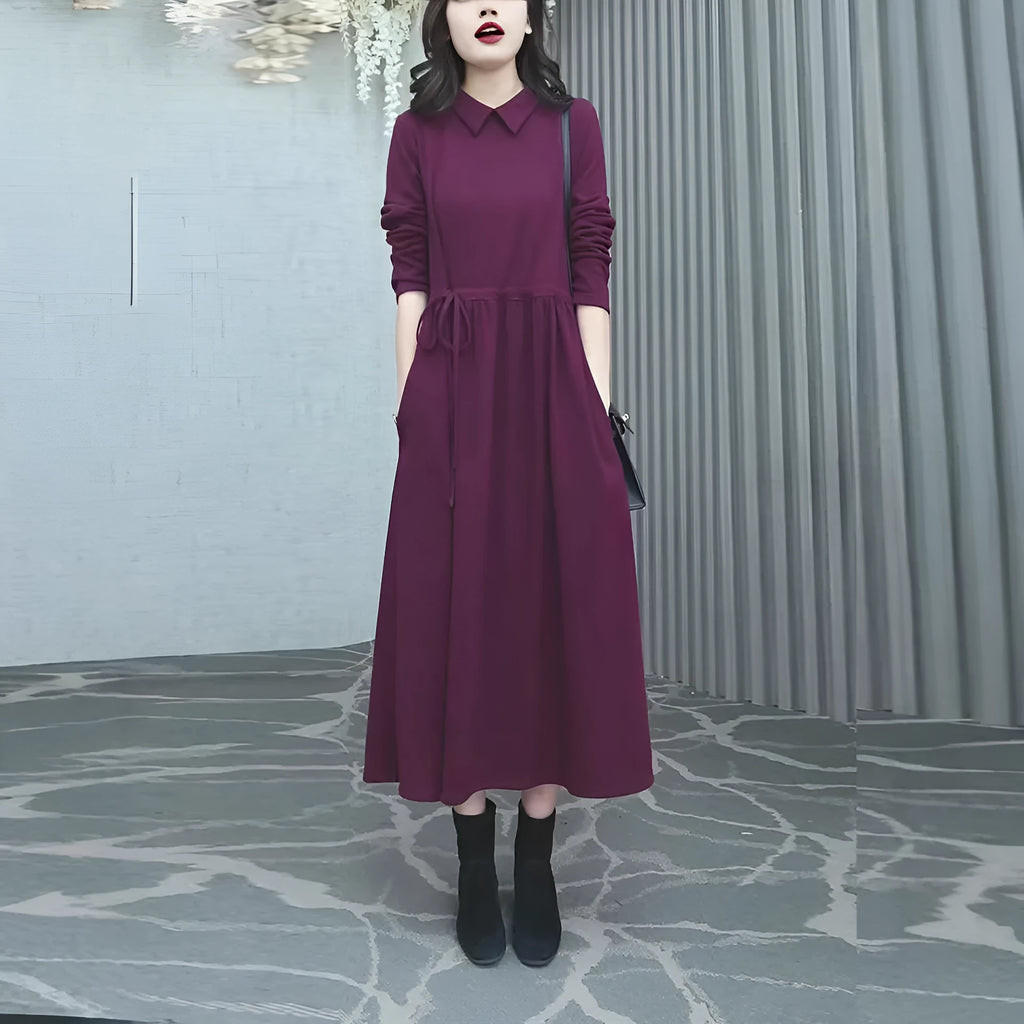 Purplish red plus size women's dress with long skirt and extra long sleeves for urban office wear
