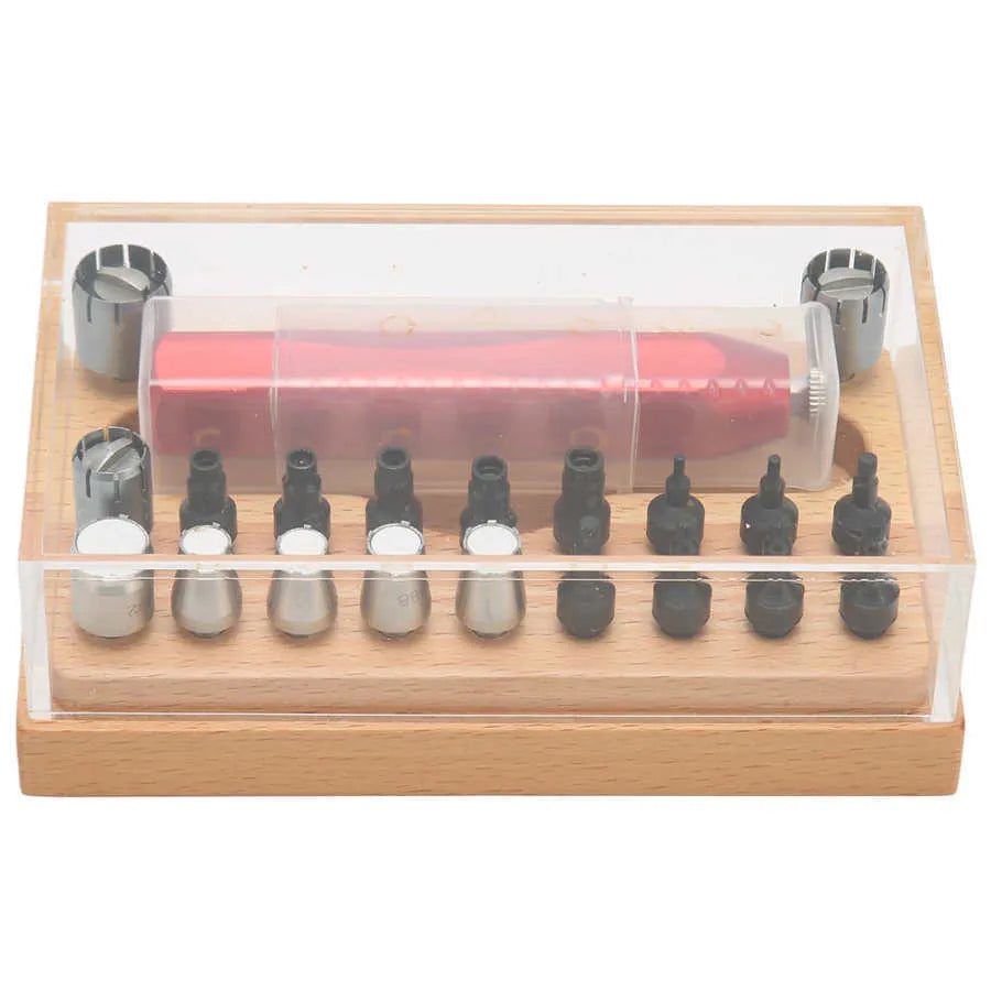 Steel watch repair tool kit with 20 barrel-opening extracting tubes for professional disassembly.
