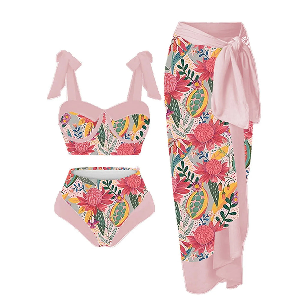 Women's printing split swimsuit three-piece set in a blue flower pattern, showing skirt, bra, and panties.