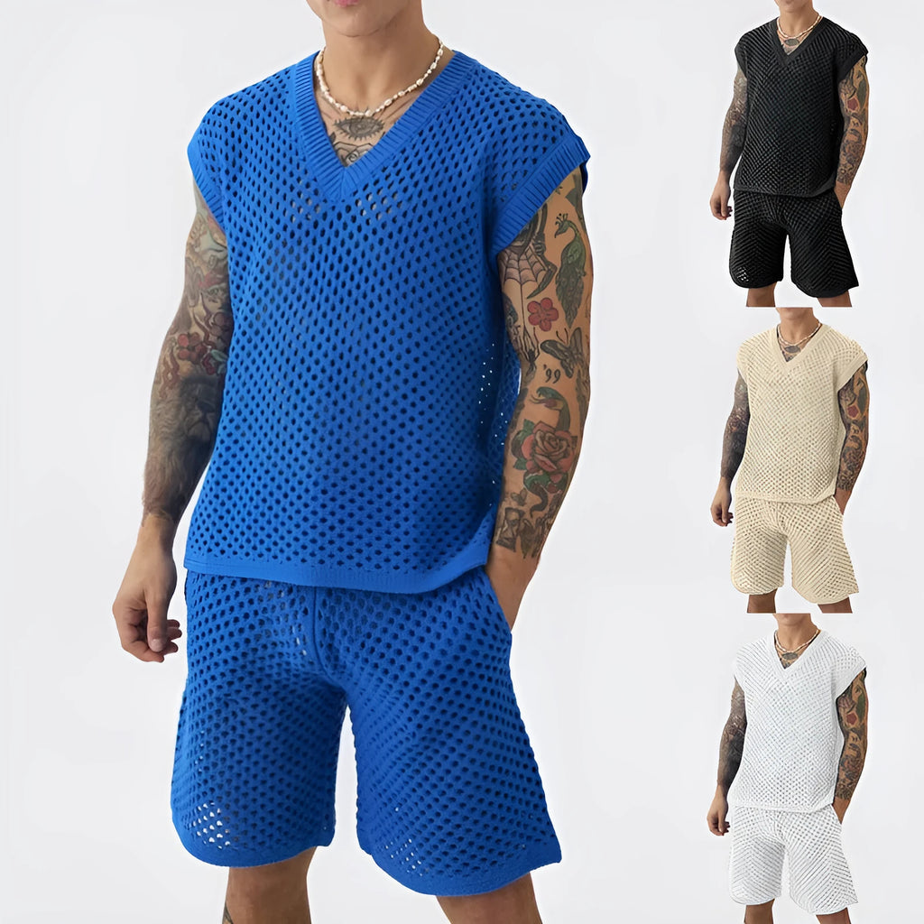 Men's blue knitted vest and shorts sports suit with V-neck and sleeveless design