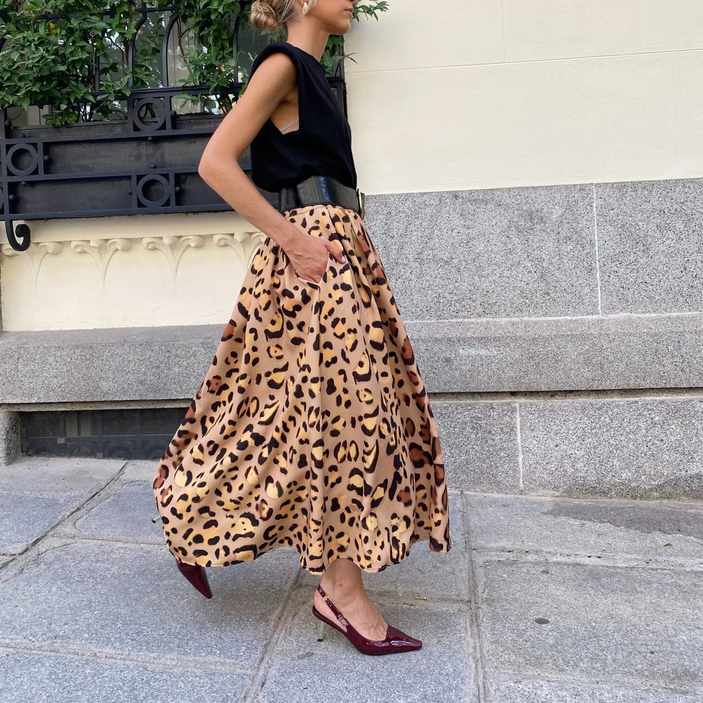 Women's brown leopard print A-line long skirt with big hem detail