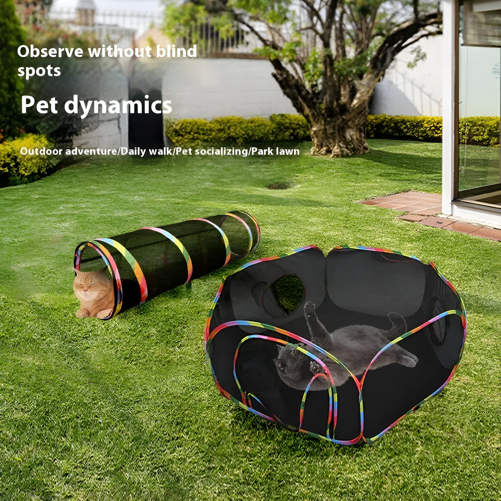 Foldable mesh cat tunnel toy shown in a square shape configuration