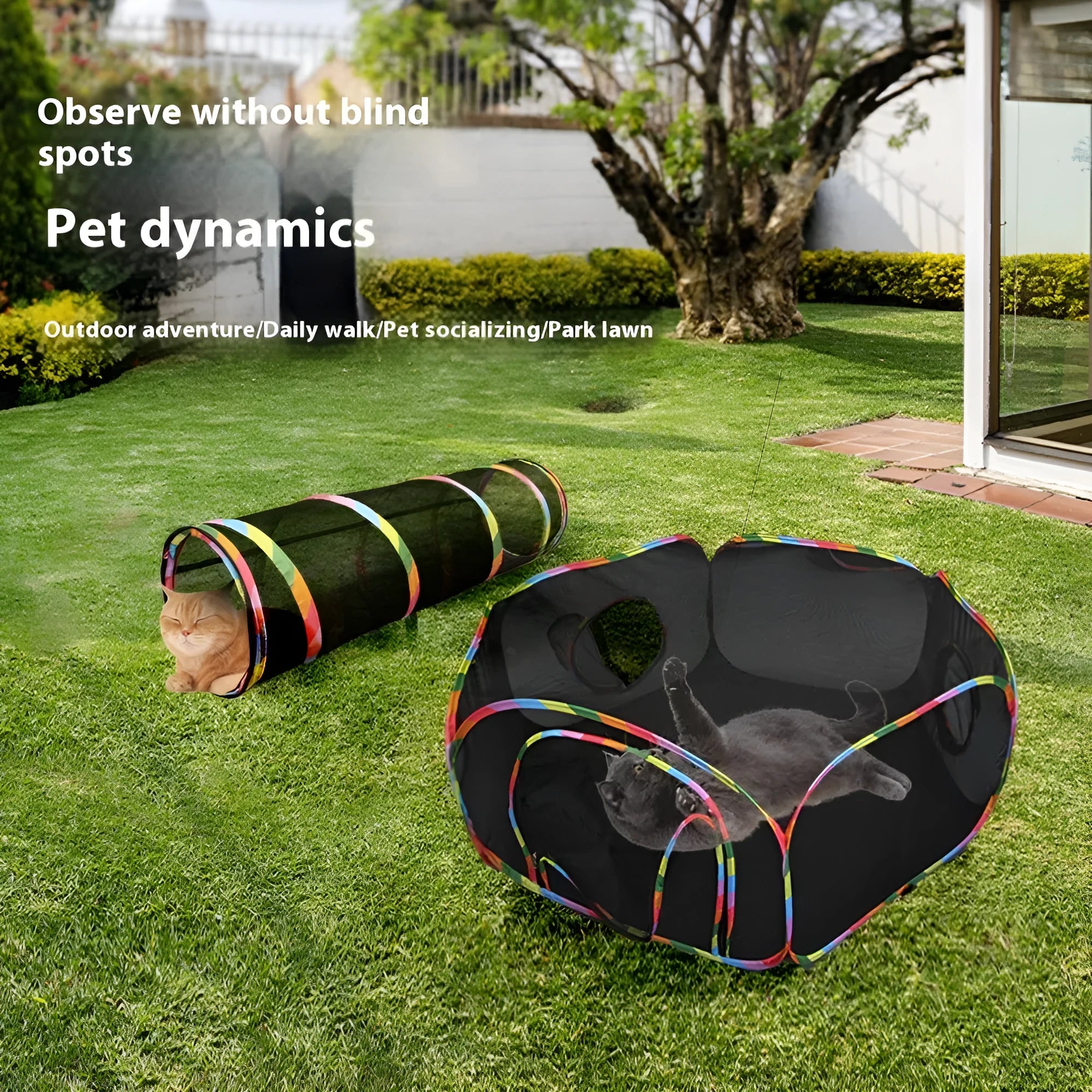 Foldable mesh cat tunnel toy shown in a square shape configuration