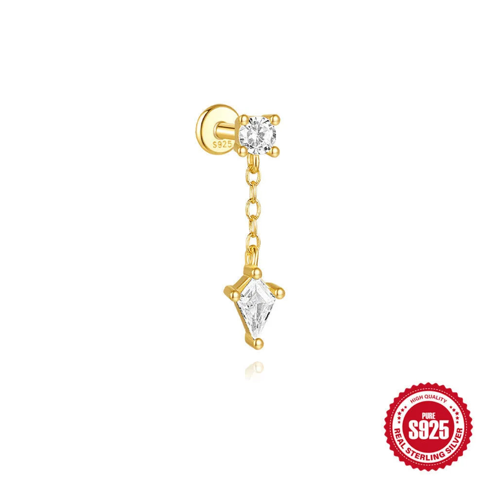S925 sterling silver geometric kite shaped earrings with chain tassel and rhinestone detailing in gold tone finish