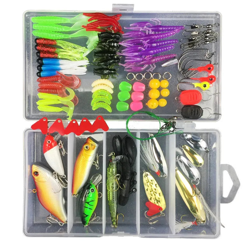 Junior fishing lure suit set with PP plastic storage box containing an assortment of artificial baits.