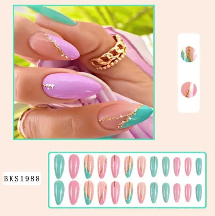 Four boxes of almond-shaped frosted nail stickers showing French leaves, leopard print, macaron and plating designs with tulip pattern