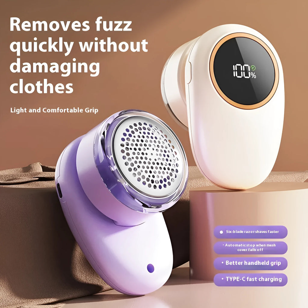 Purple and beige fur ball trimmer with digital display and multiple cutter head options