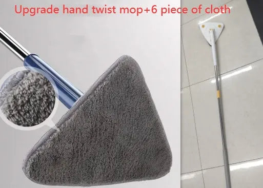 Blue triangular cleaning mop with 360-degree rotating head and adjustable stainless steel pole extended for use