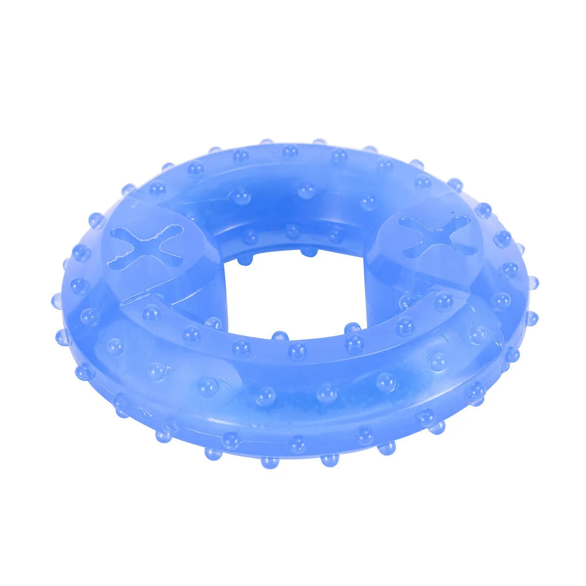 Freezable dog chew toy in bones shape with hollow centre for treats, shown next to a circles-shaped version.