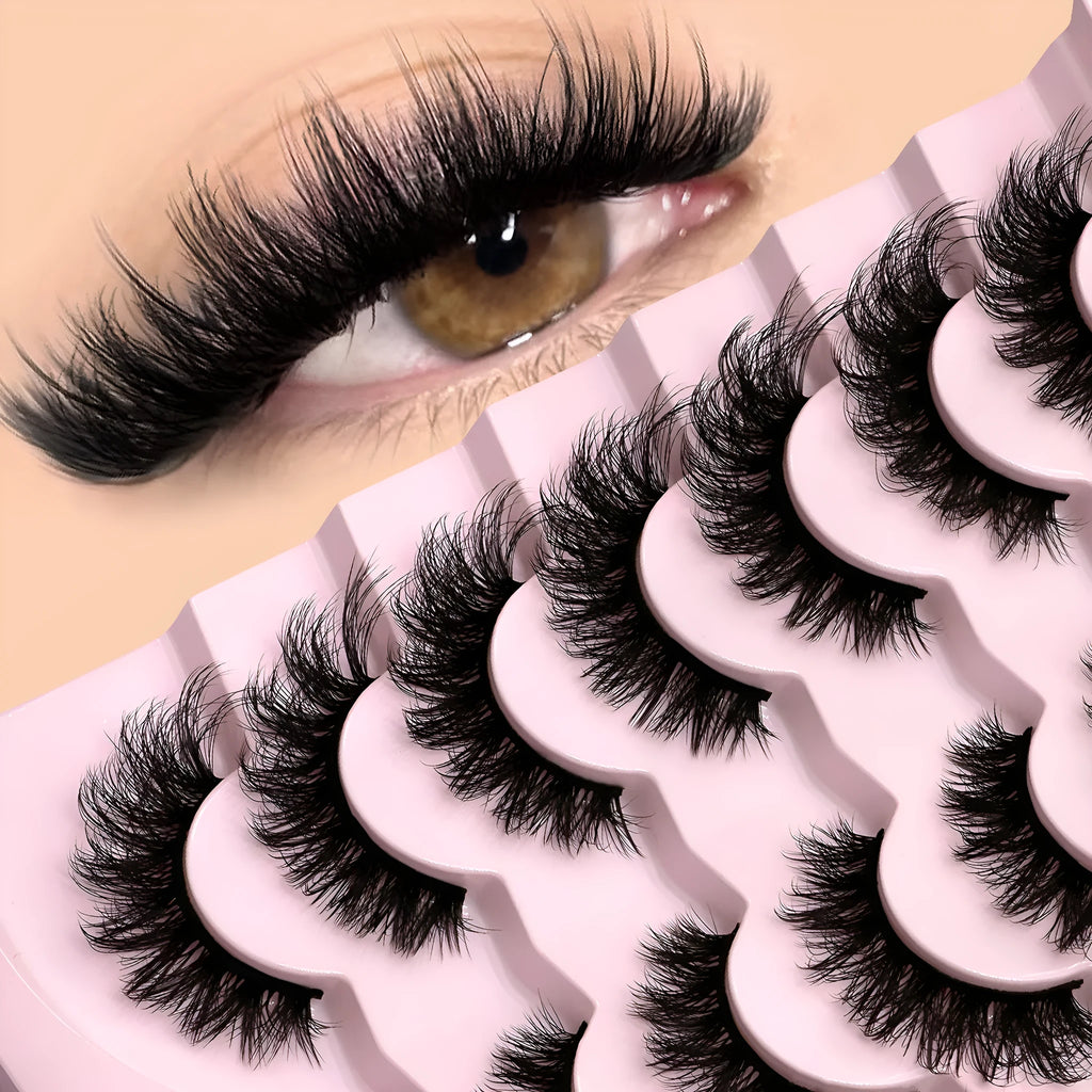 Natural false eyelashes in box with adhesive glue, artificial fibre construction in thick natural long style