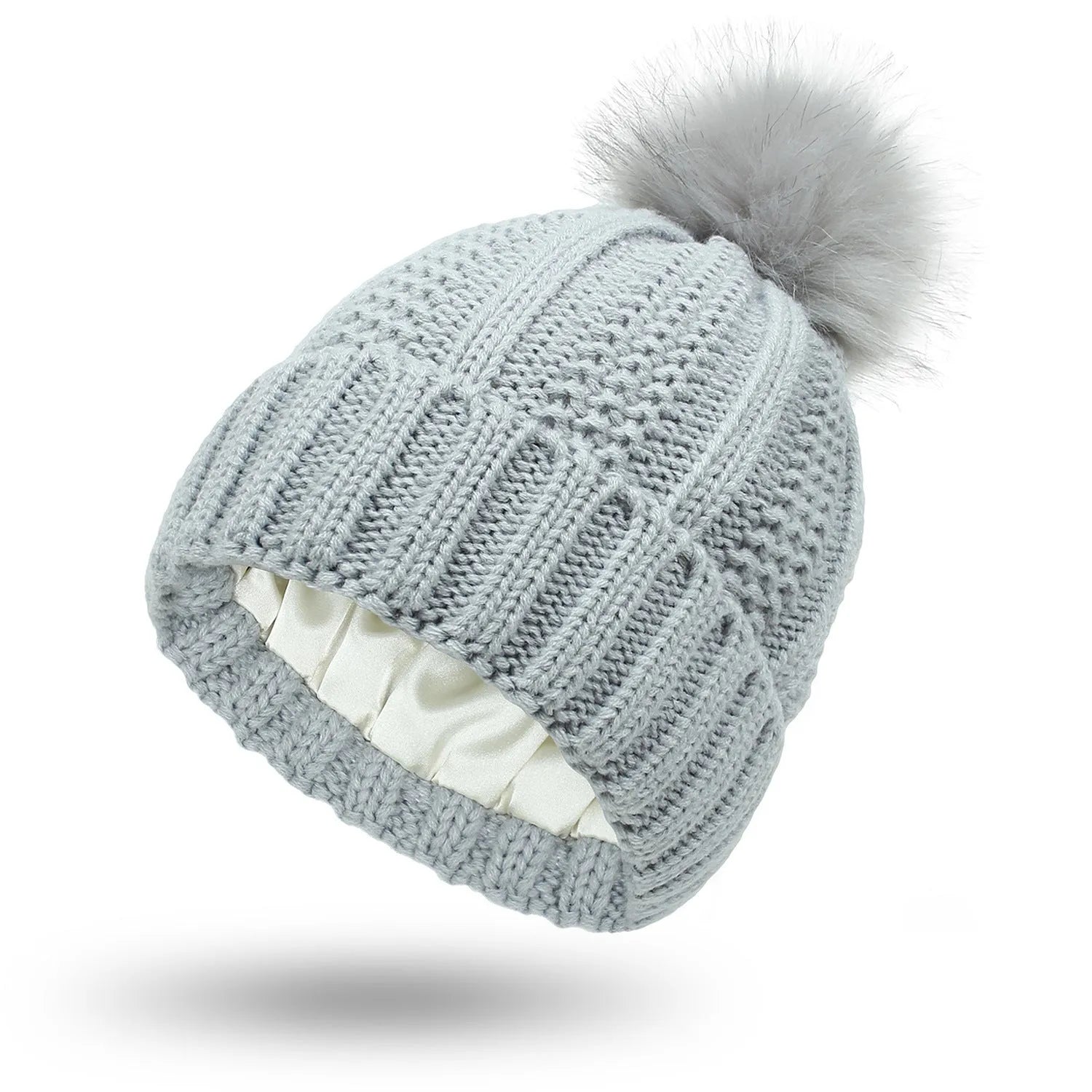 Women's wool beanie hat with satin lining and faux fur pom pom in multiple colours