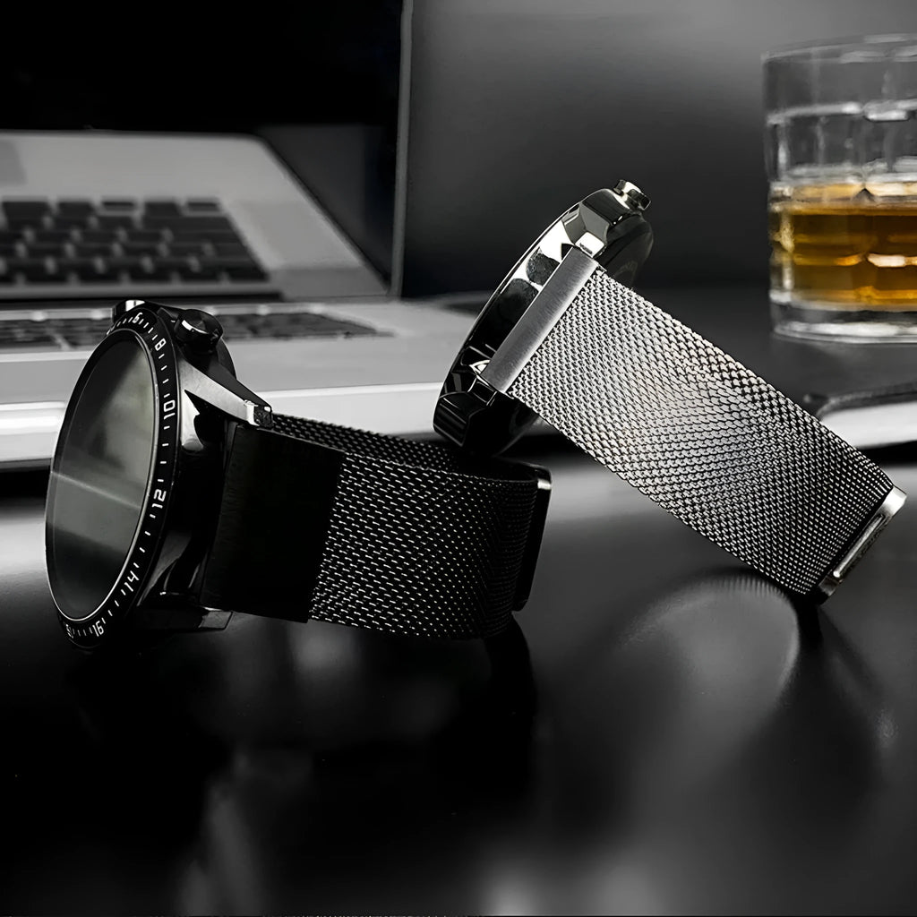 Stainless steel card watch strap for Garmin Fenix models in silver, black, gold, and rose gold finishes.