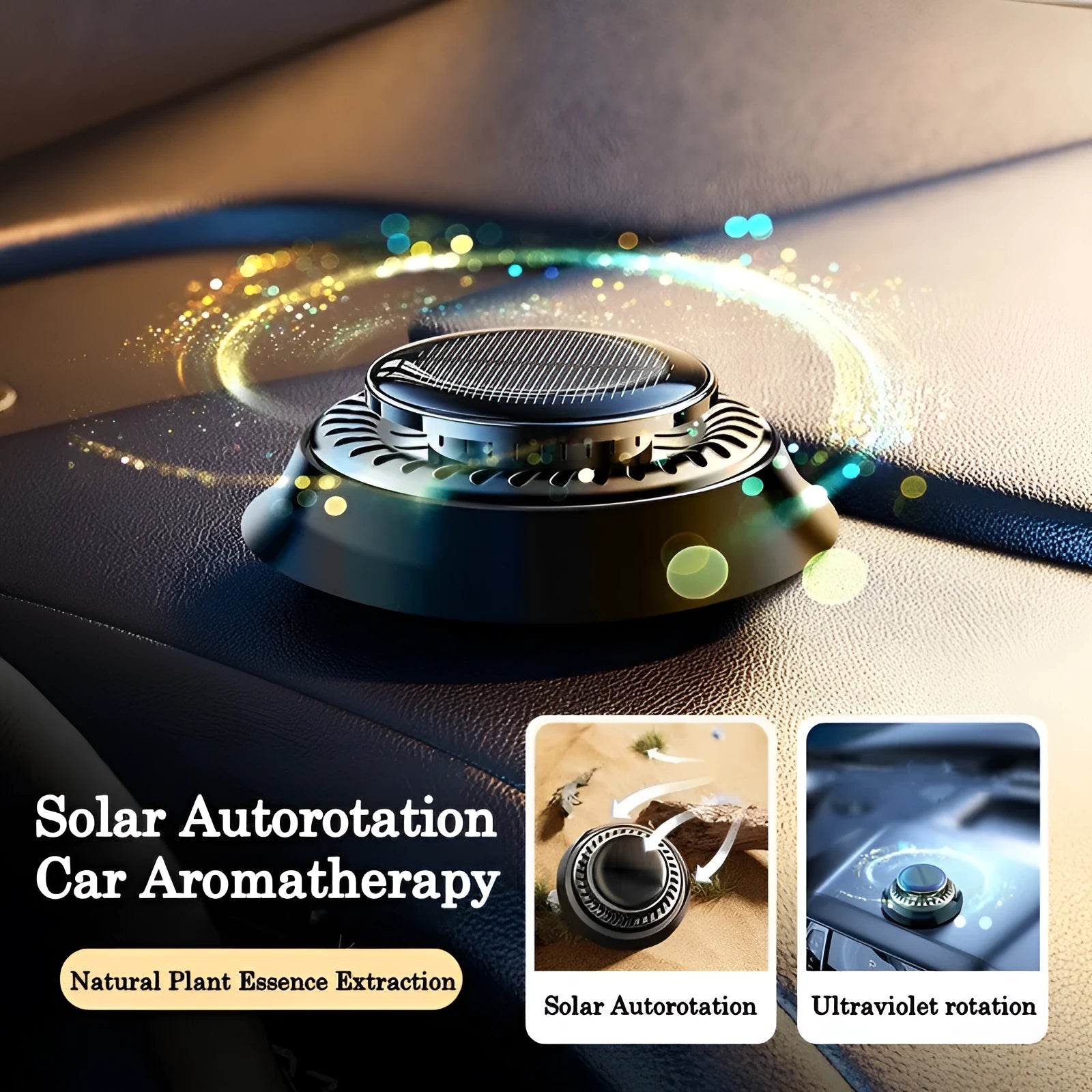 Solar-powered kinetic car air freshener with rotating double rings on a car dashboard.