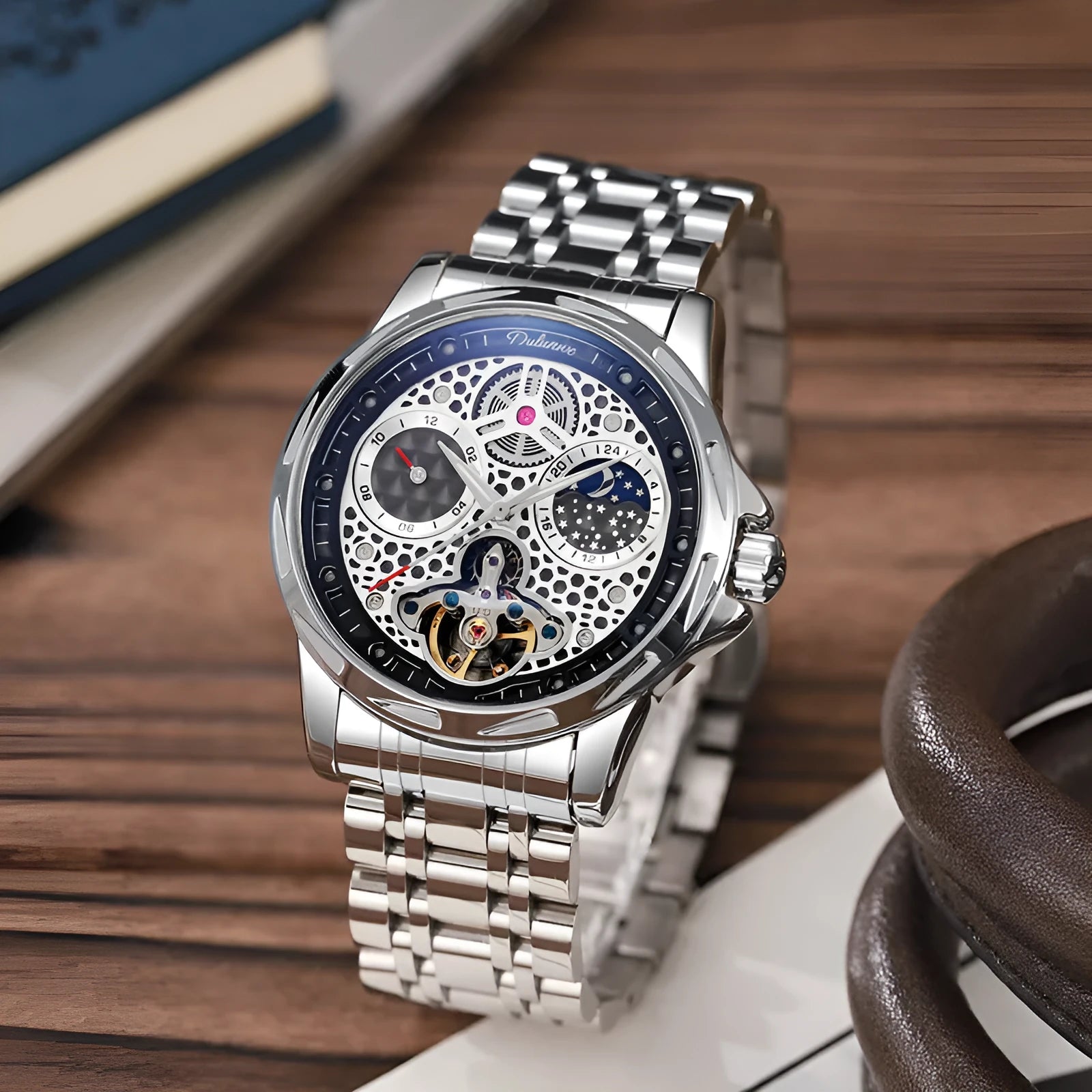 Men's automatic waterproof watch with luminous hands and stainless steel case on leather strap
