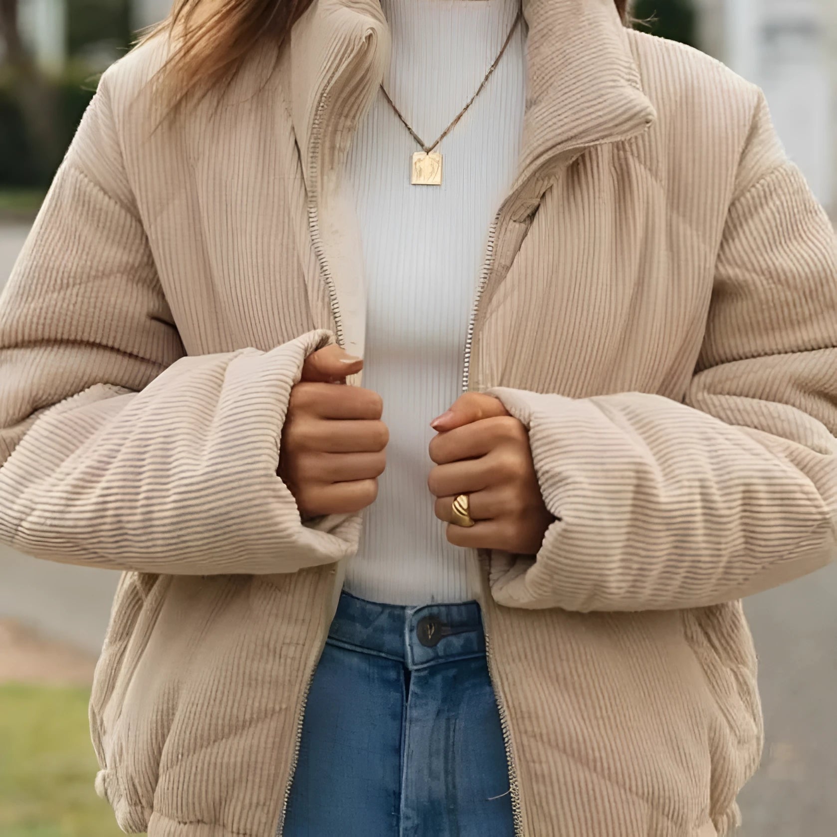 Apricot-colour women's corduroy jacket with a stand collar, long sleeves, and a front zip.