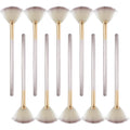 10 professional facial fan makeup brushes with champagne finish and acrylic handles, shown with brush covers.