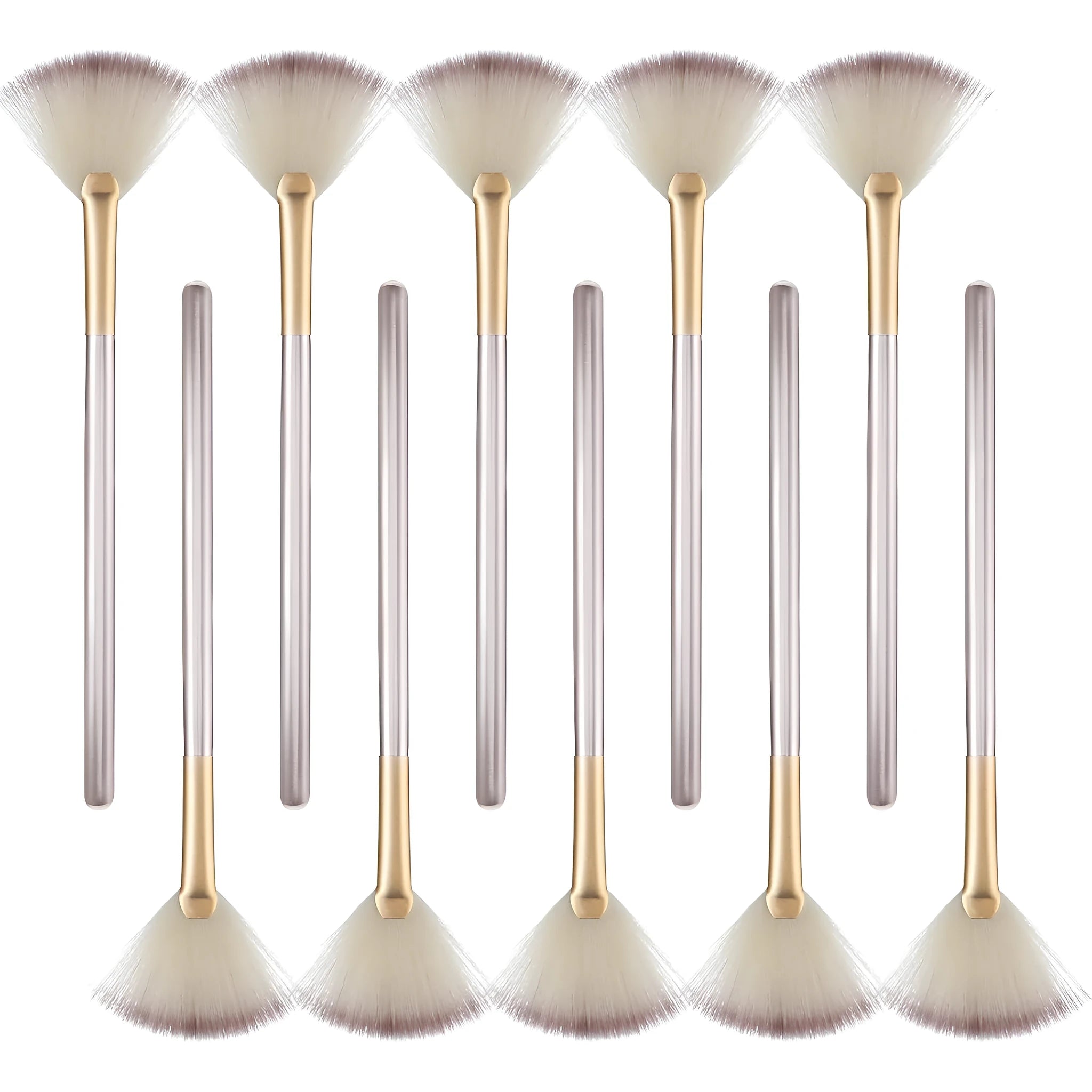 10 professional facial fan makeup brushes with champagne finish and acrylic handles, shown with brush covers.