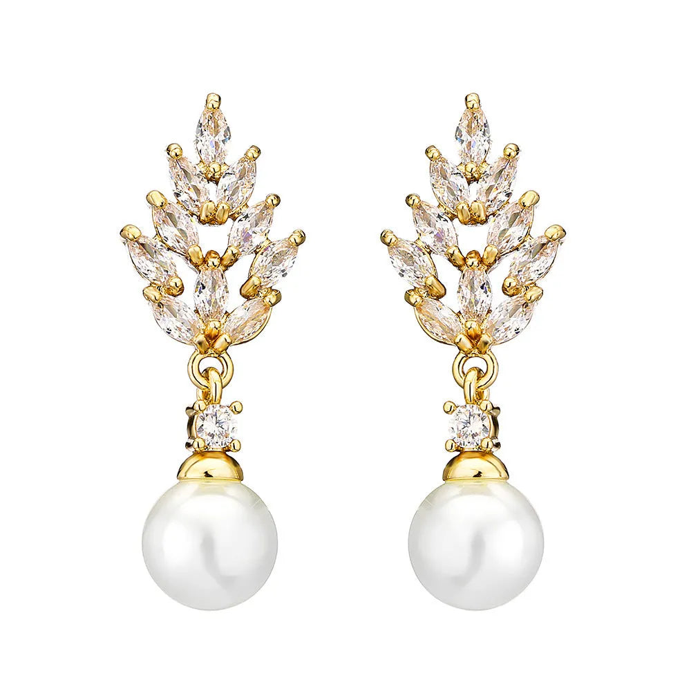 Geometric flower earrings with micro inlaid zircon and pearl detailing in gold plating