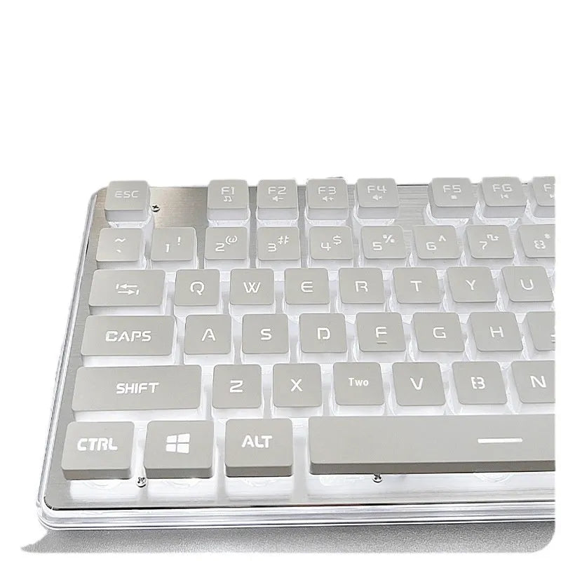 Wired mute keyboard with mechanical feel keys, shown in a Metal Black case with blue LED backlighting.