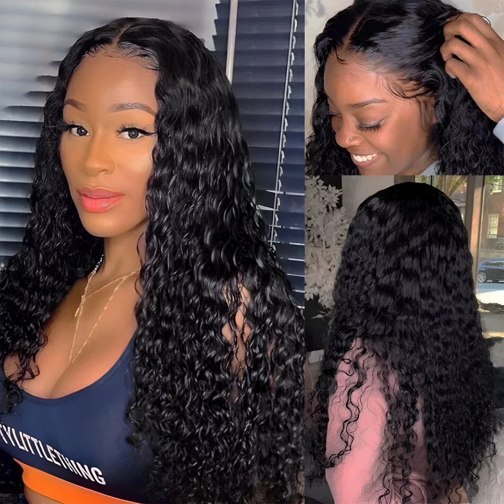 Curly human hair lace front wig on a stand, showing hand-woven construction and long curls.