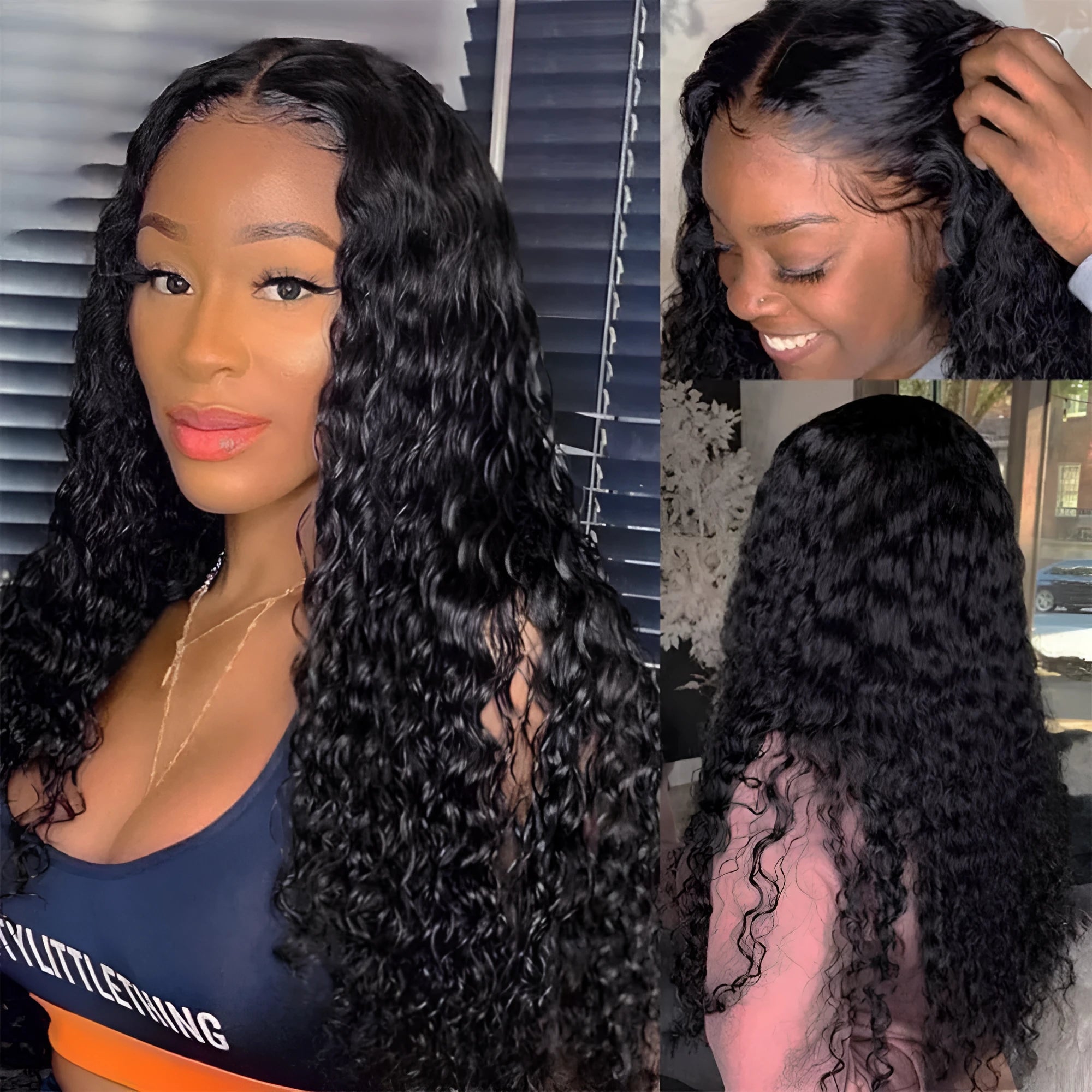 Curly human hair lace front wig on a stand, showing hand-woven construction and long curls.
