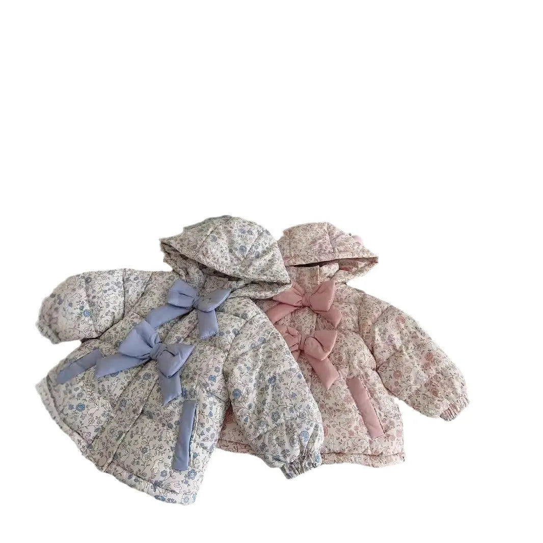 Baby girls winter floral print hooded jacket in blue and white porcelain blue with bow detail, zip-up front