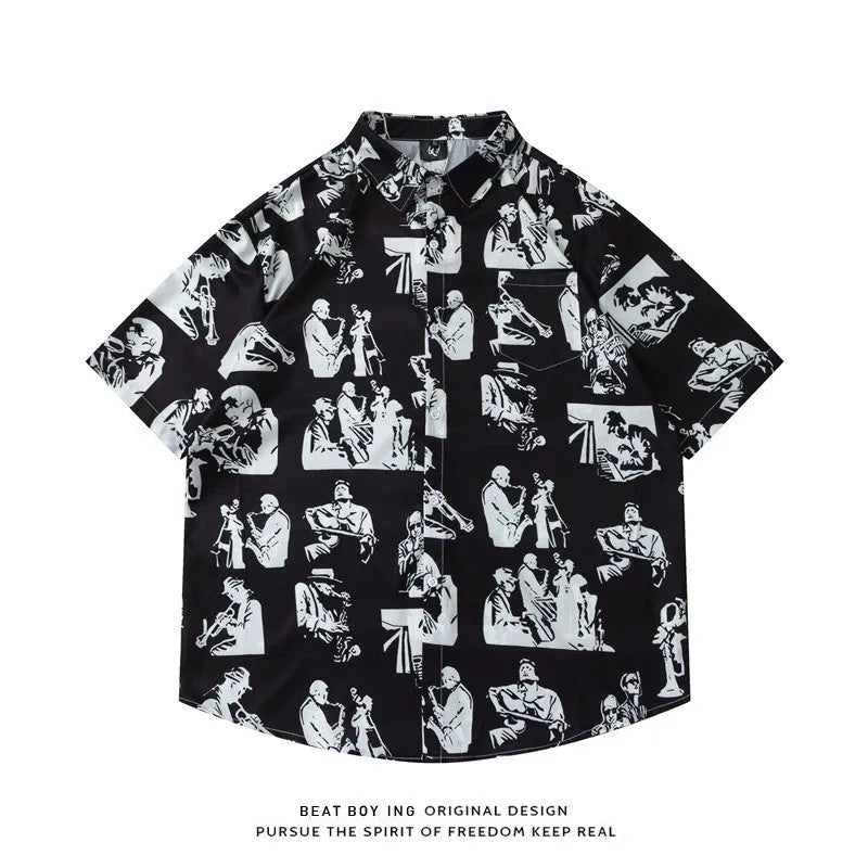 Man wearing a loose-fit short sleeve shirt with a full floral print pattern.