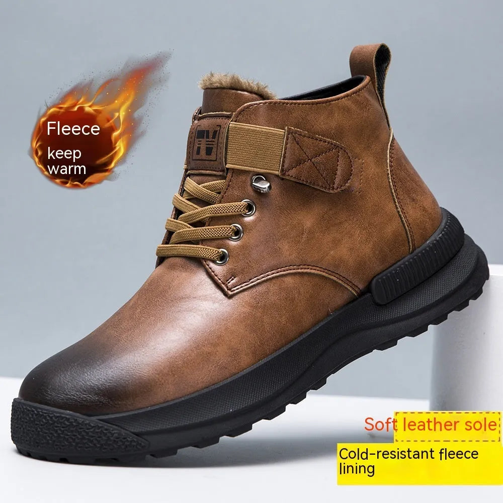 Black and brown high-top Martin platform boots with velvet artificial PU upper and rubber sole