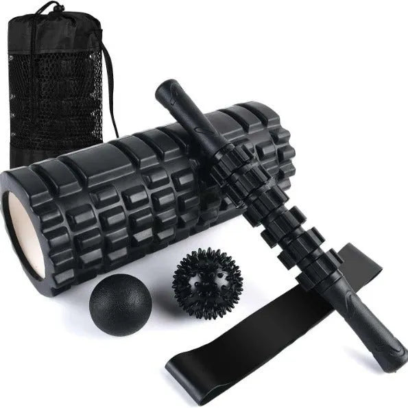 Black 33cm fitness foam roller massage kit with foam, EVA and PVC construction.