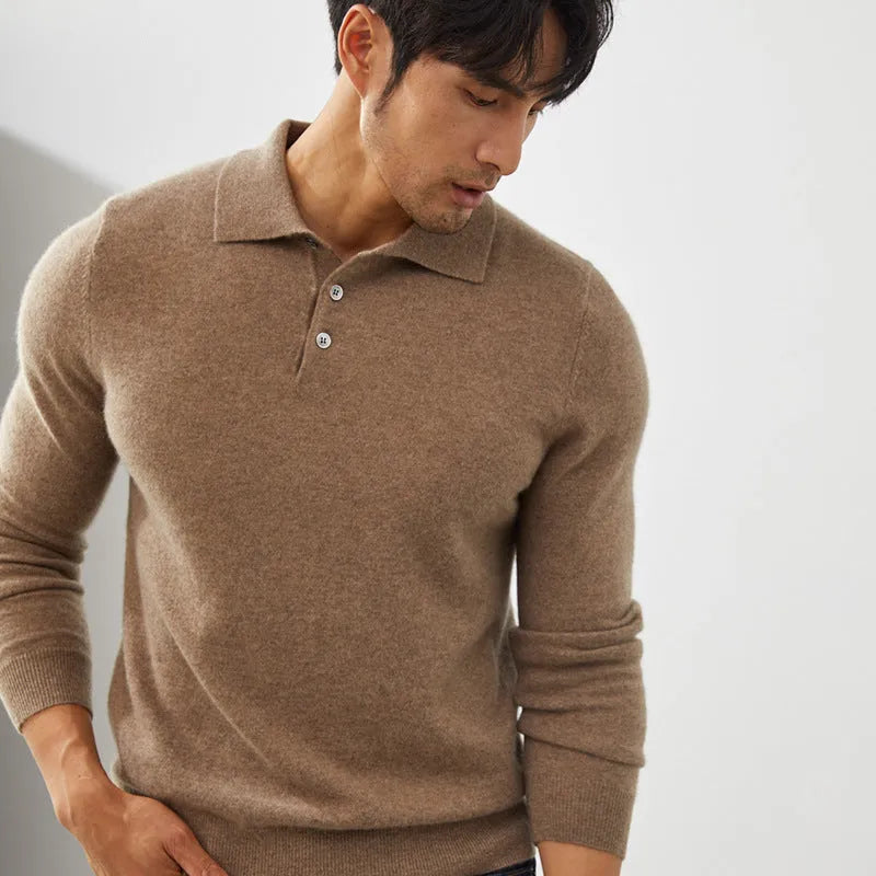 Men's sapphire blue cashmere polo collar loose fit pullover sweater