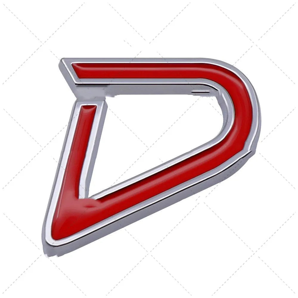 SD D metal car bumper stickers in red silver and red black colour variations showing three size options