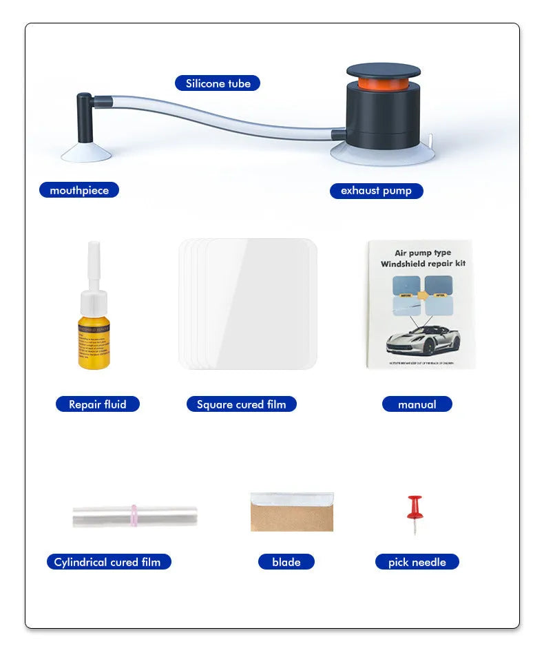 Plastic car windshield crack repair tool with UV light and 0.5 mm injector nozzle.