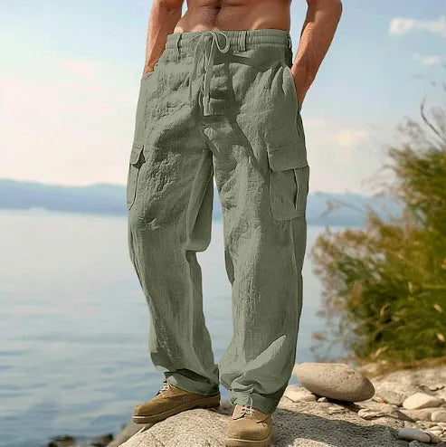 Man wearing loose-fitting, solid-colour cotton wide-leg casual trousers.