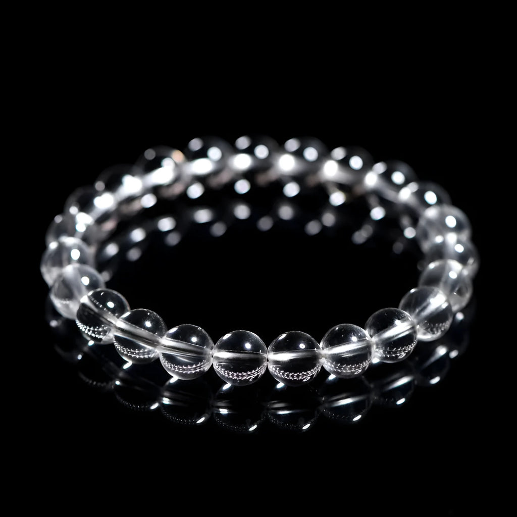 Natural Donghai old mine white crystal geometric bracelet with round beads.