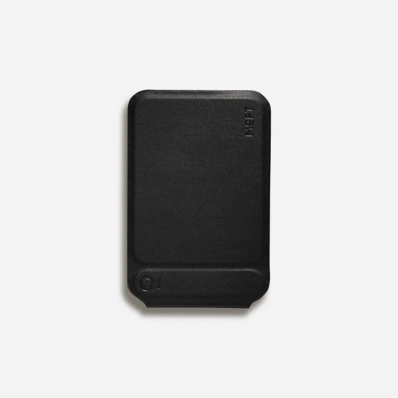 Black magnetic mobile phone holder with MOVAS leather finish, shown from the front.