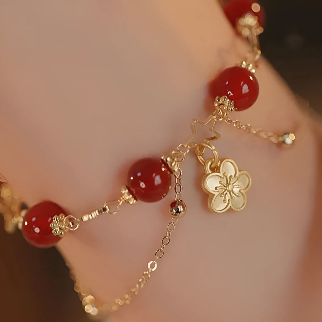 Red agate double layer bracelet with floral patterns for women