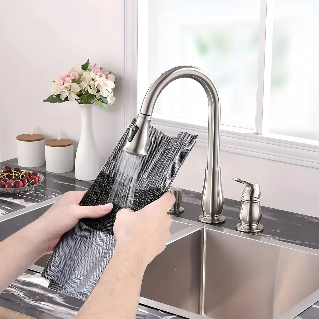 PVC non-slip dish mat in gradient bamboo design protecting kitchen worktop with dishes