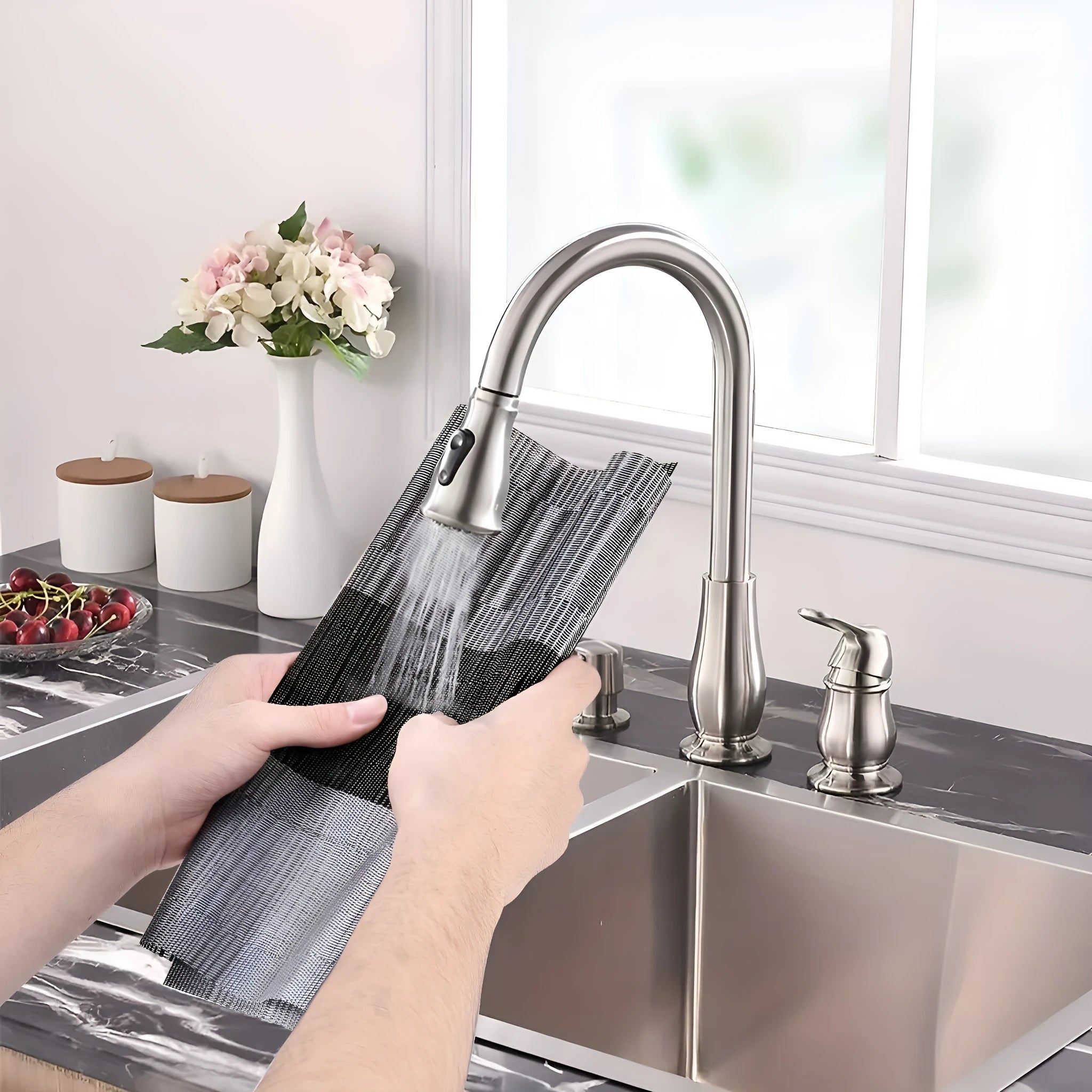 PVC non-slip dish mat in gradient bamboo design protecting kitchen worktop with dishes
