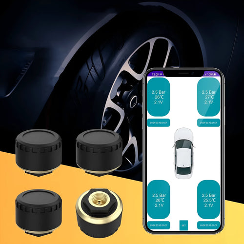 Black Bluetooth tyre pressure monitor sensors for car tyres with mobile phone display