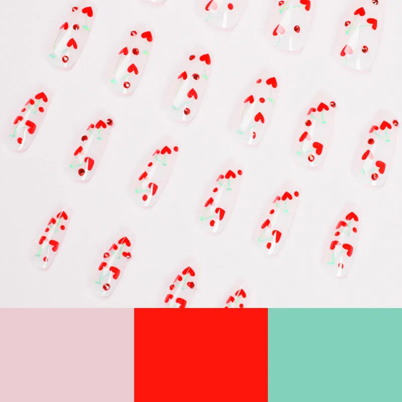 French tip nail art stickers with red diamond and cherry design, 24 self-adhesive pieces with adhesive glue