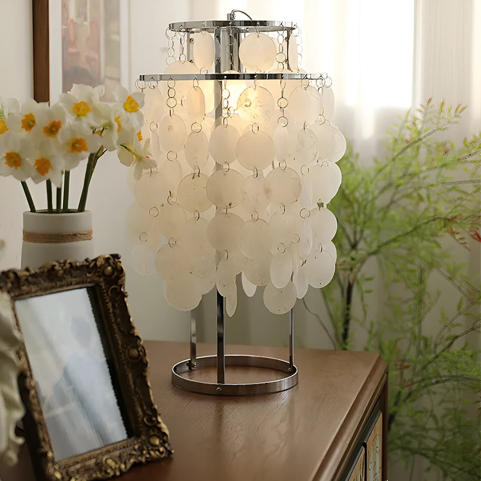 Modern shell bedside table lamp in chrome or gold finish with 30cm diameter base