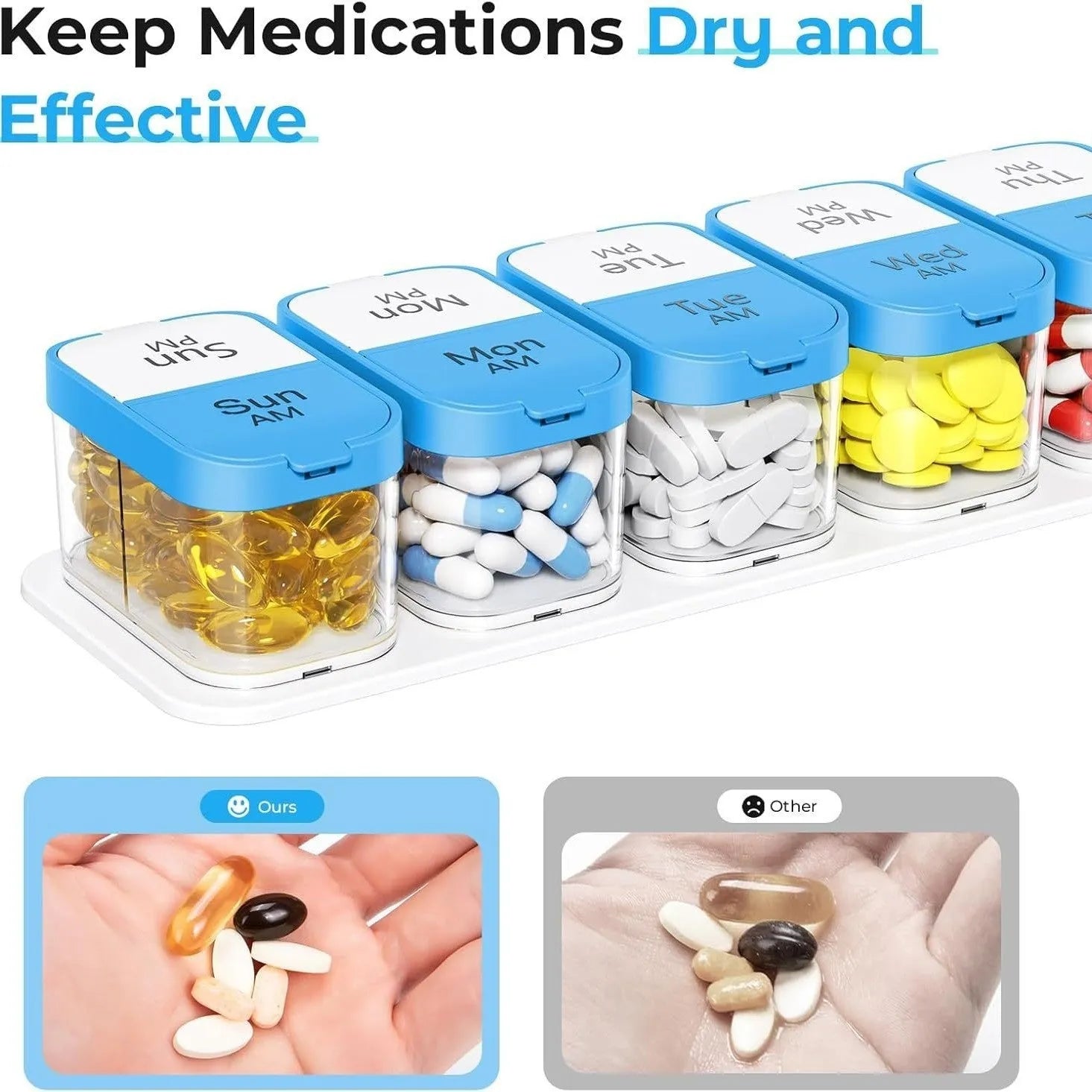 Amazon pill box dispenser showing 14 detachable compartments in rainbow colour with dimensions 327x65x49mm