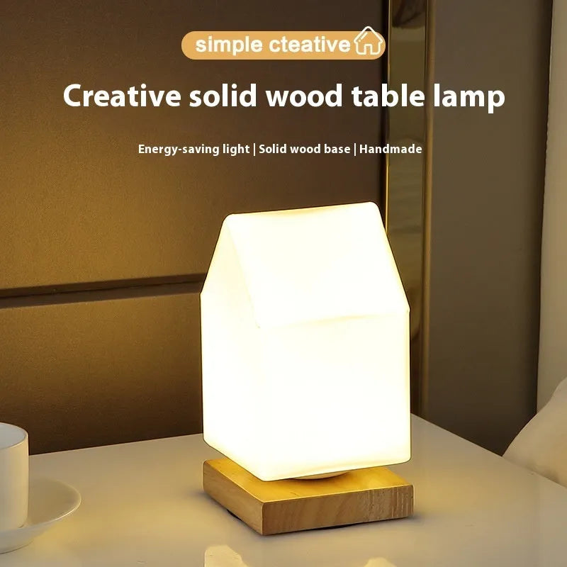 Nordic solid wood USB table lamp with touch dimming showing cube, cylinder, and ball light modes
