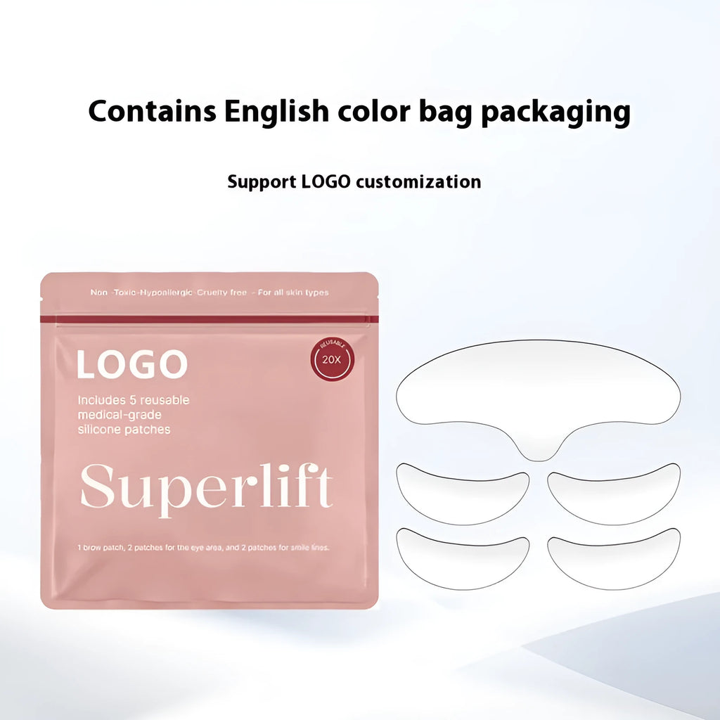 Five silicone anti-wrinkle face stickers for forehead, eyebrows, and under-eye areas