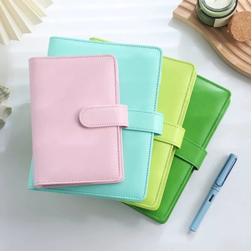 A5 PU leather zip-closure notebook shell in a solid colour, shown closed, for loose-leaf binders.