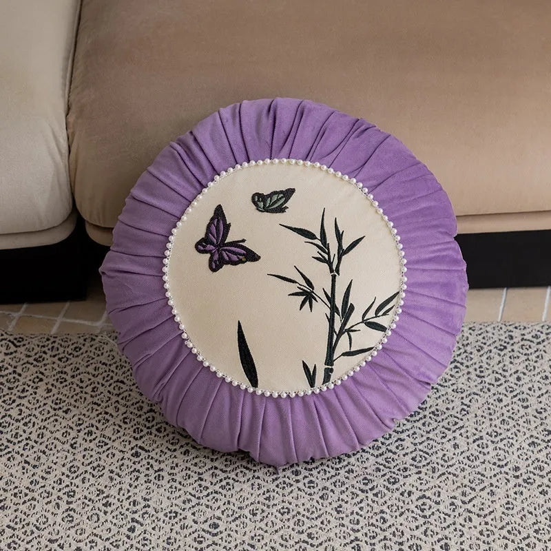 Square butterfly embroidery cushion in Chinese style measuring 45x45 cm in beige, black, or purple