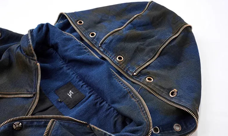 Blue Korean-style denim hooded vest coat with matching trousers laid flat.