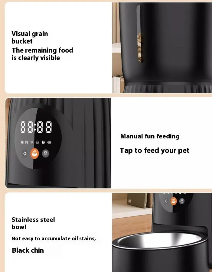 Black and white intelligent pet feeder with automatic timing and remote control functions